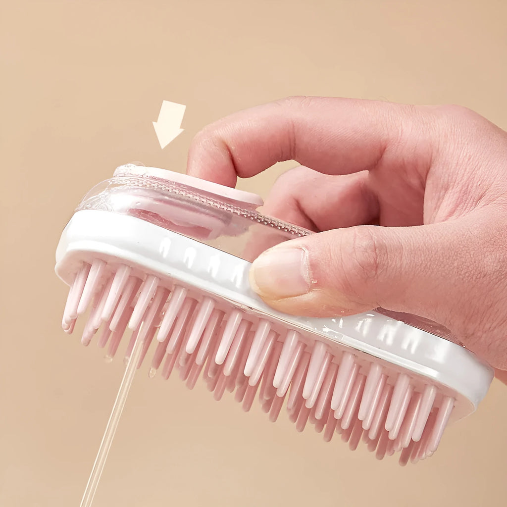 Grey silicone bath brush for pets with soft-tipped bristles and ergonomic handle