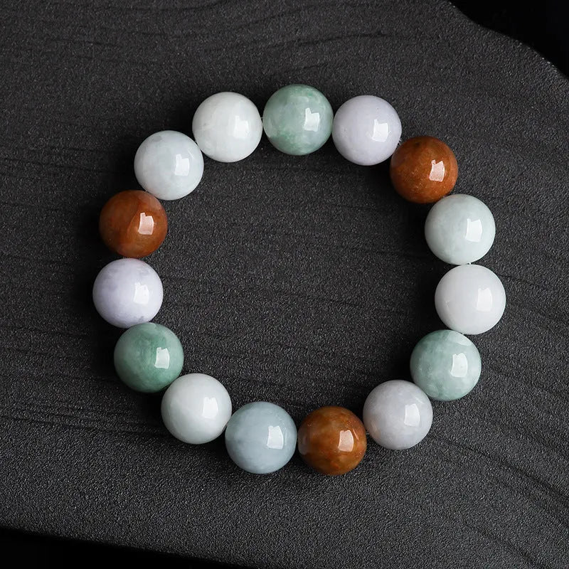Women's bracelet with round three-colour jade beads, certificate visible.