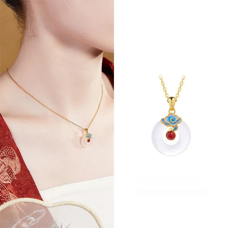 925 silver cold enamel red agate white chalcedony safety buckle pendant clavicle chain necklace on white background