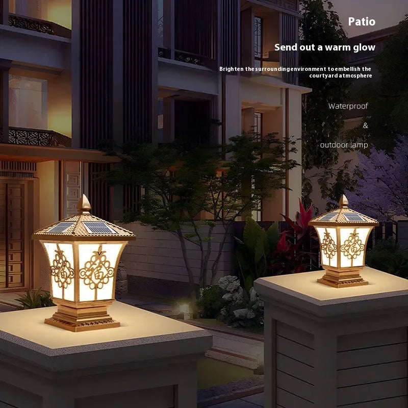 Black small size solar pillar lamp with flower shape, IP65 rated, 12W outdoor garden light