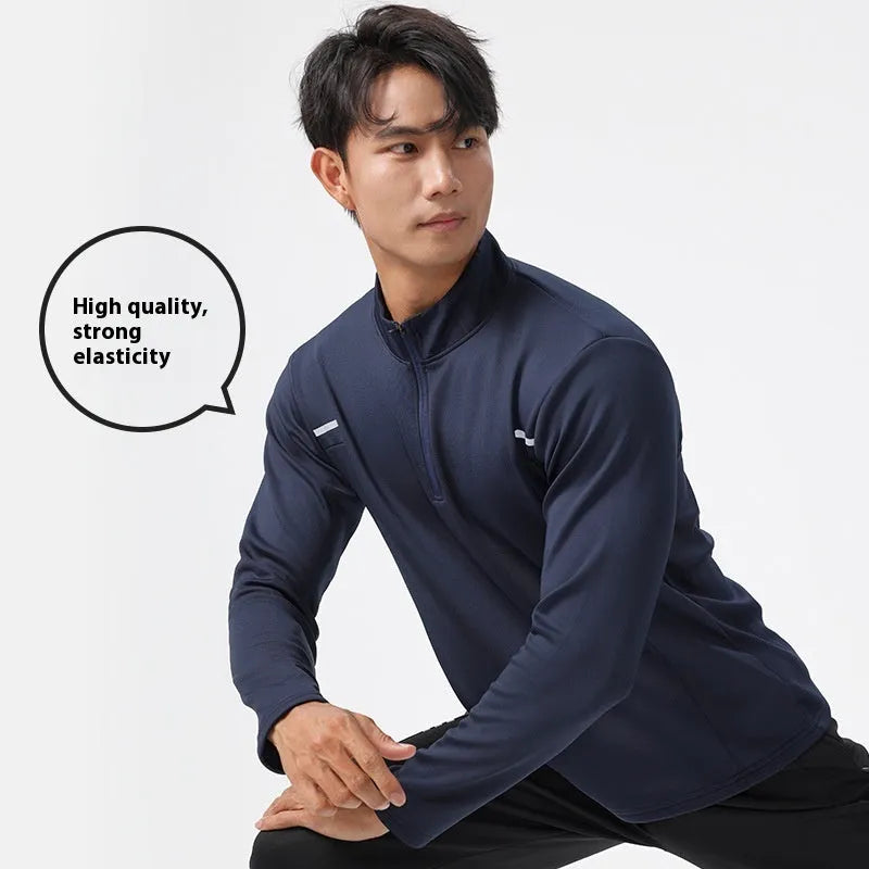 Men's half zipper windproof quick-dry polyester training top in black, long sleeve, spring autumn fitness wear