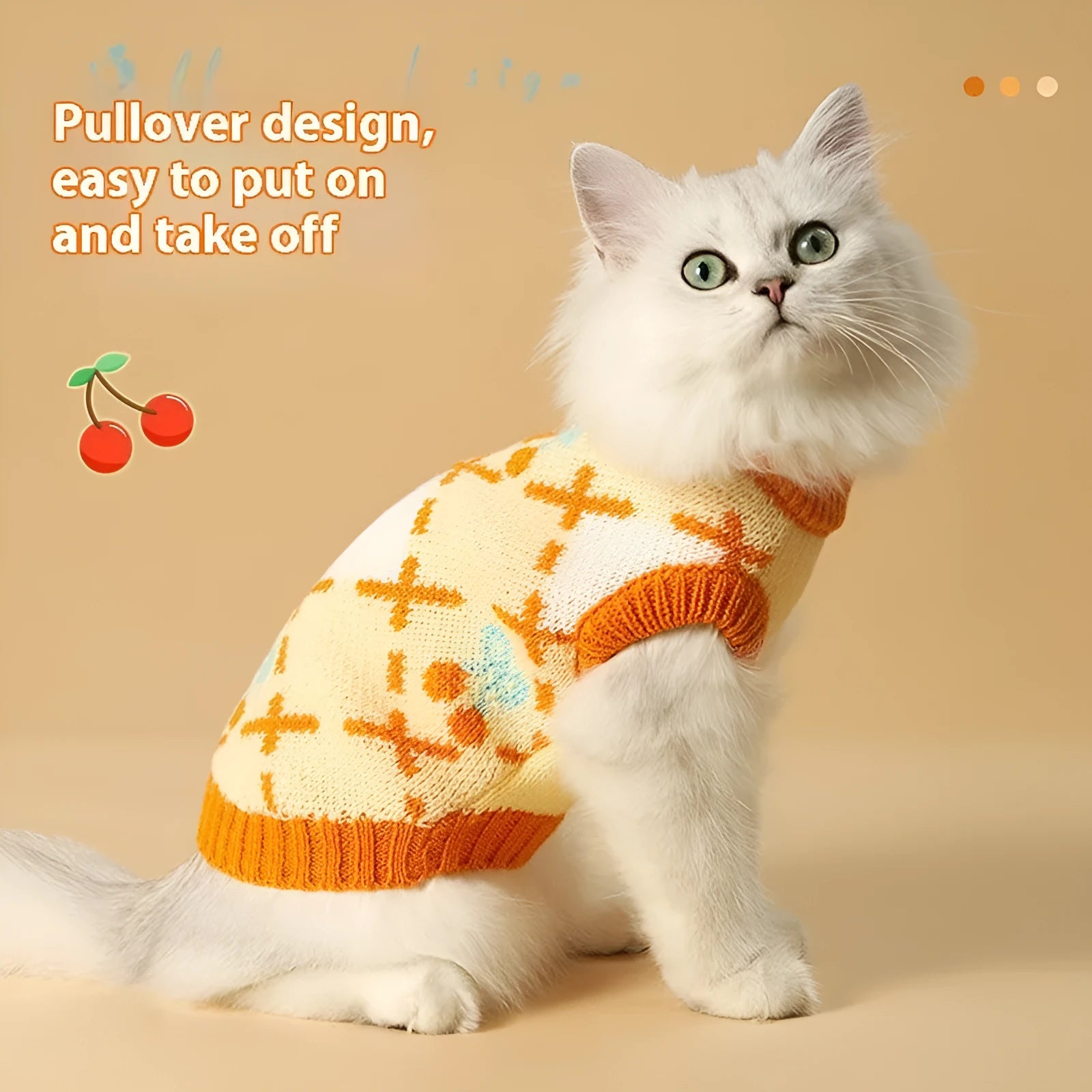 Orange diamond knit cat jumper showing chest measurement points and size labels
