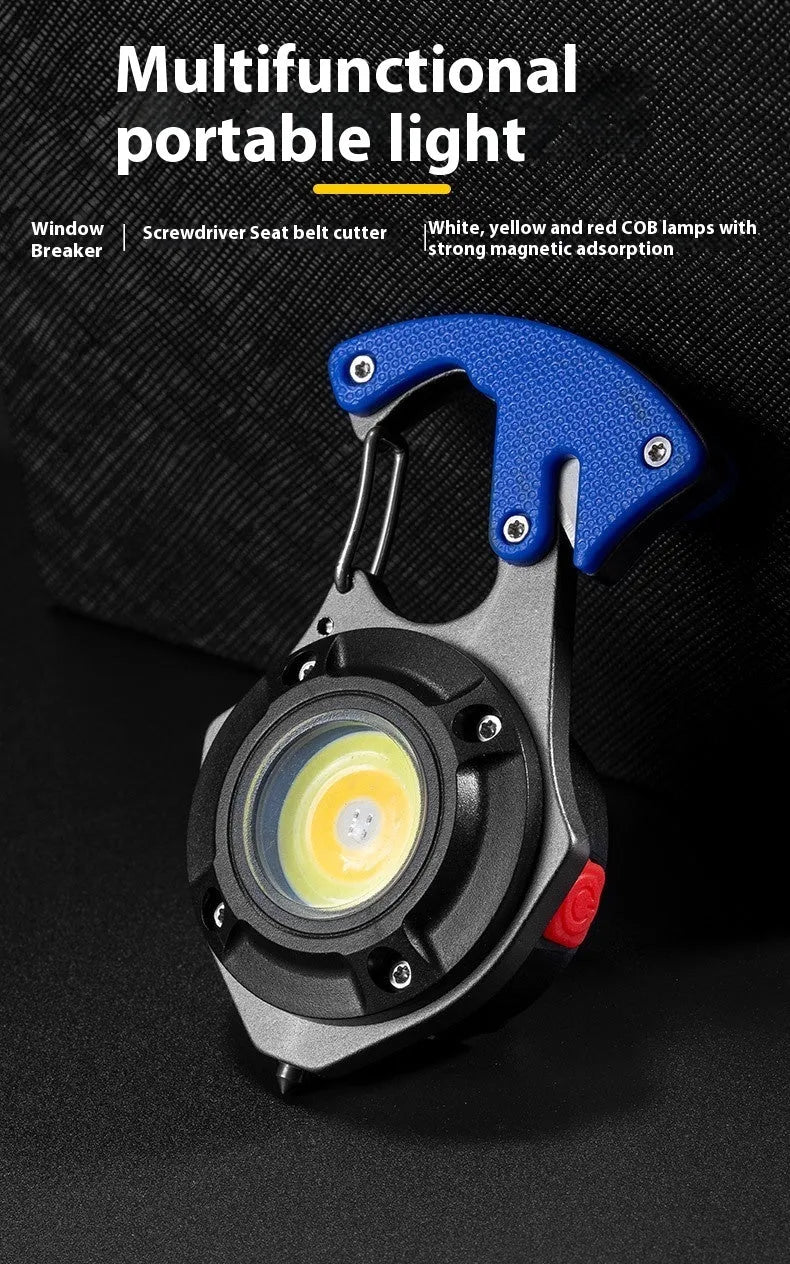 Portable multifunctional keychain flashlight with screwdriver and window breaker hammer, showing COB LED light.