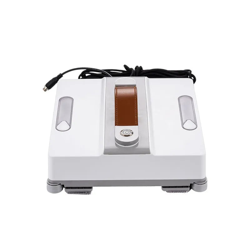White intelligent window cleaning robot for automated washing of high-rise windows.
