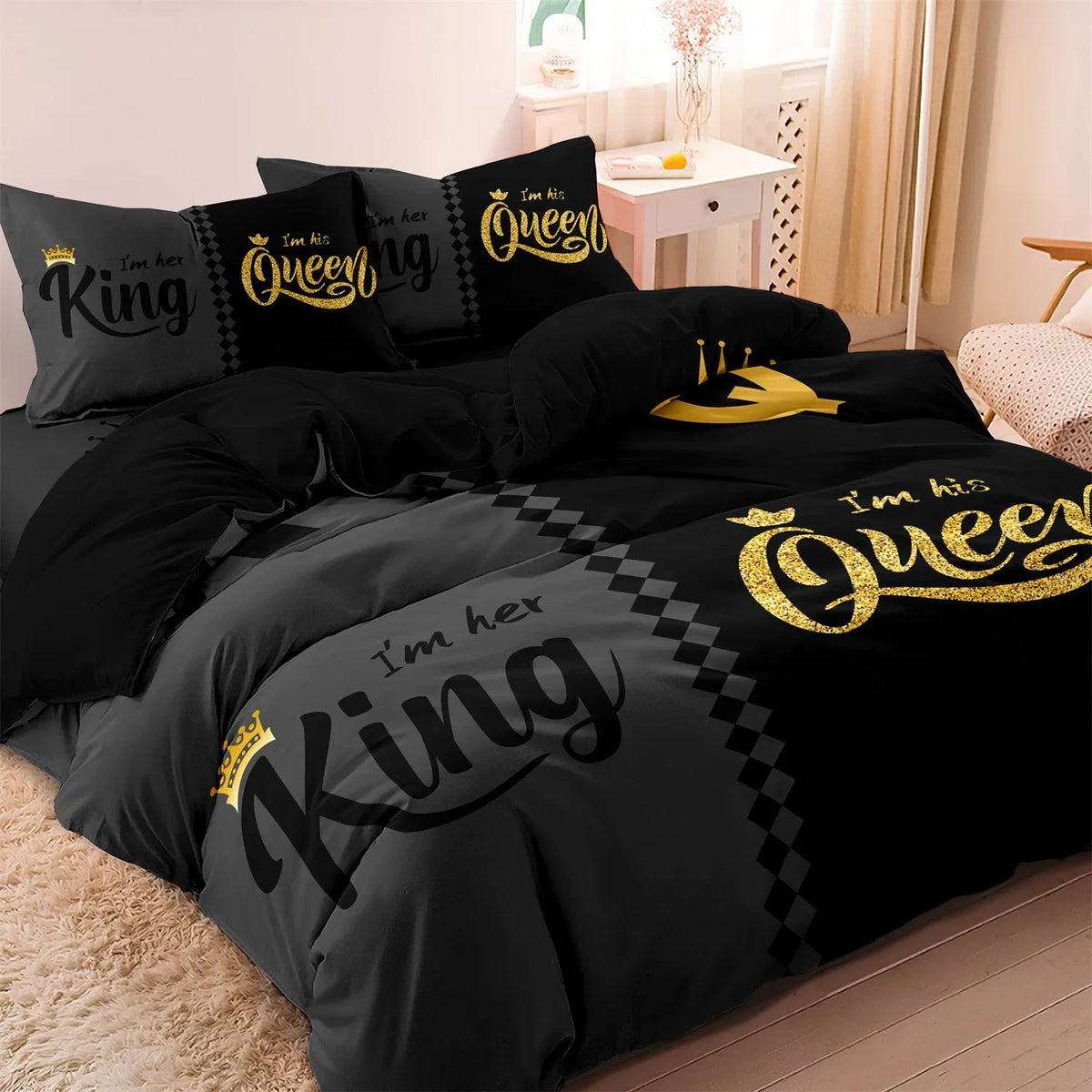 Three piece light grey digital printed quilt cover set with polyester cotton sanded finish
