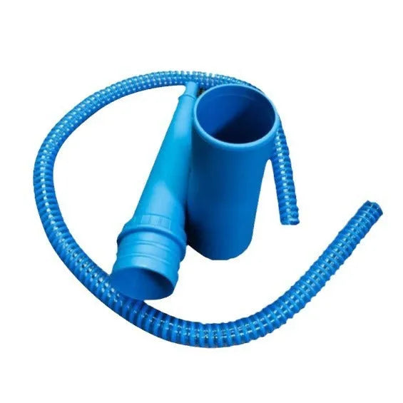 Blue suction pipe vacuum cleaner attachment with round head, 114cm length and three opposing bags for washing machine cleaning