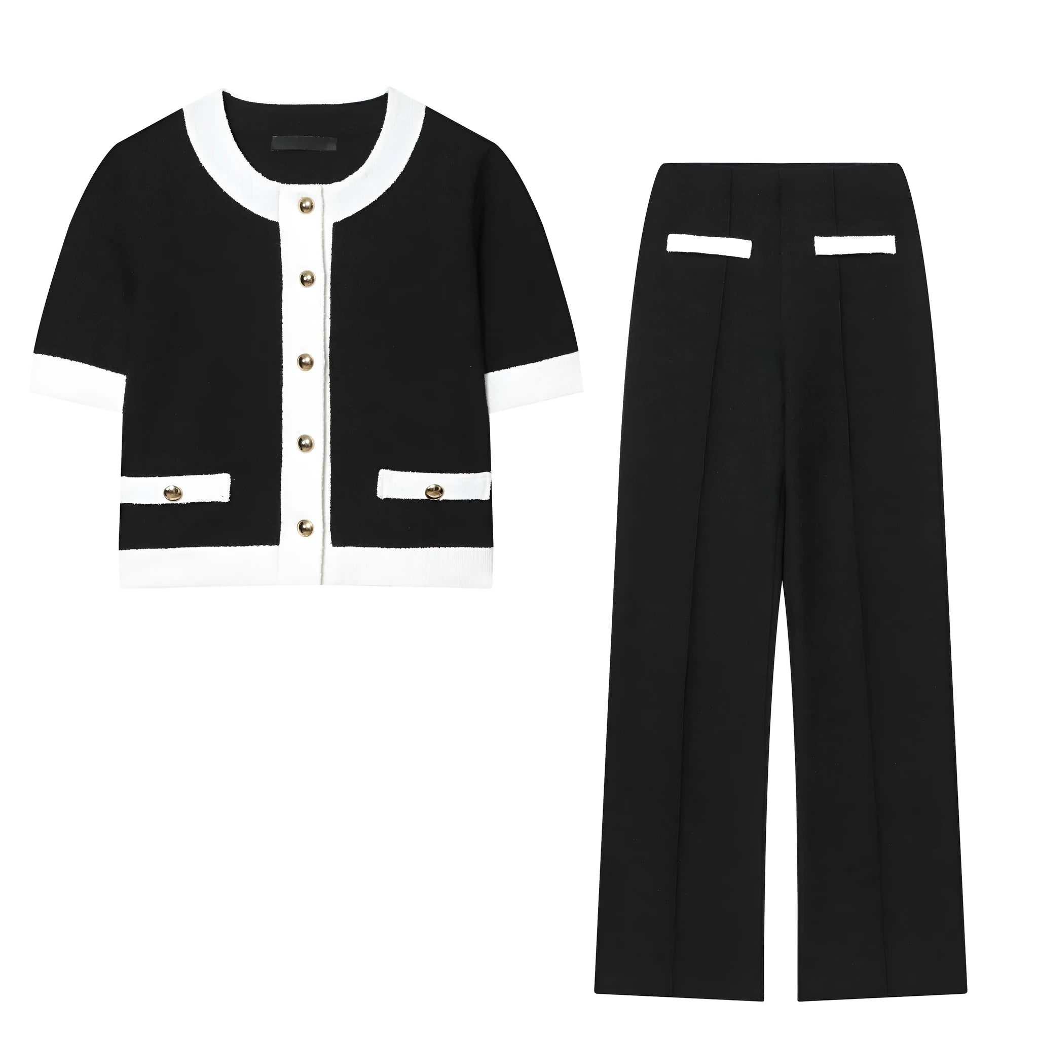 Women's casual two-piece suit with beaded leather detail on top and high-waisted stretch trousers.
