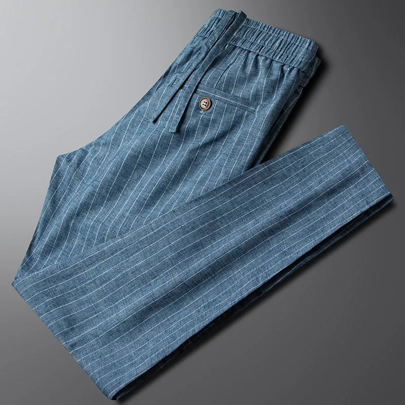 Men's casual striped linen trousers in blue gray colour with micro elastic waistband
