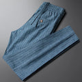 Men's casual striped linen trousers in blue gray colour with micro elastic waistband