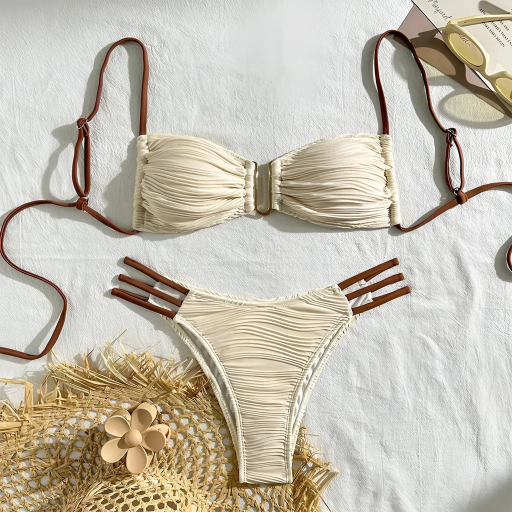 Women's three-piece striped polyester bikini set in European American style, available in five colours, sizes XS-L