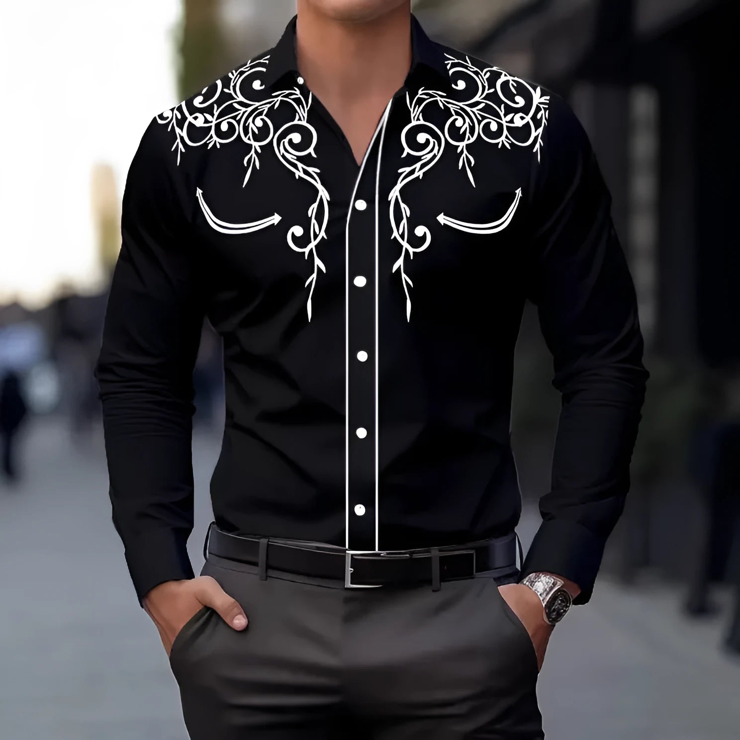 Men's long sleeve casual shirt in thin polyester with national-style digital print, loose cardigan fit, available in multiple colours
