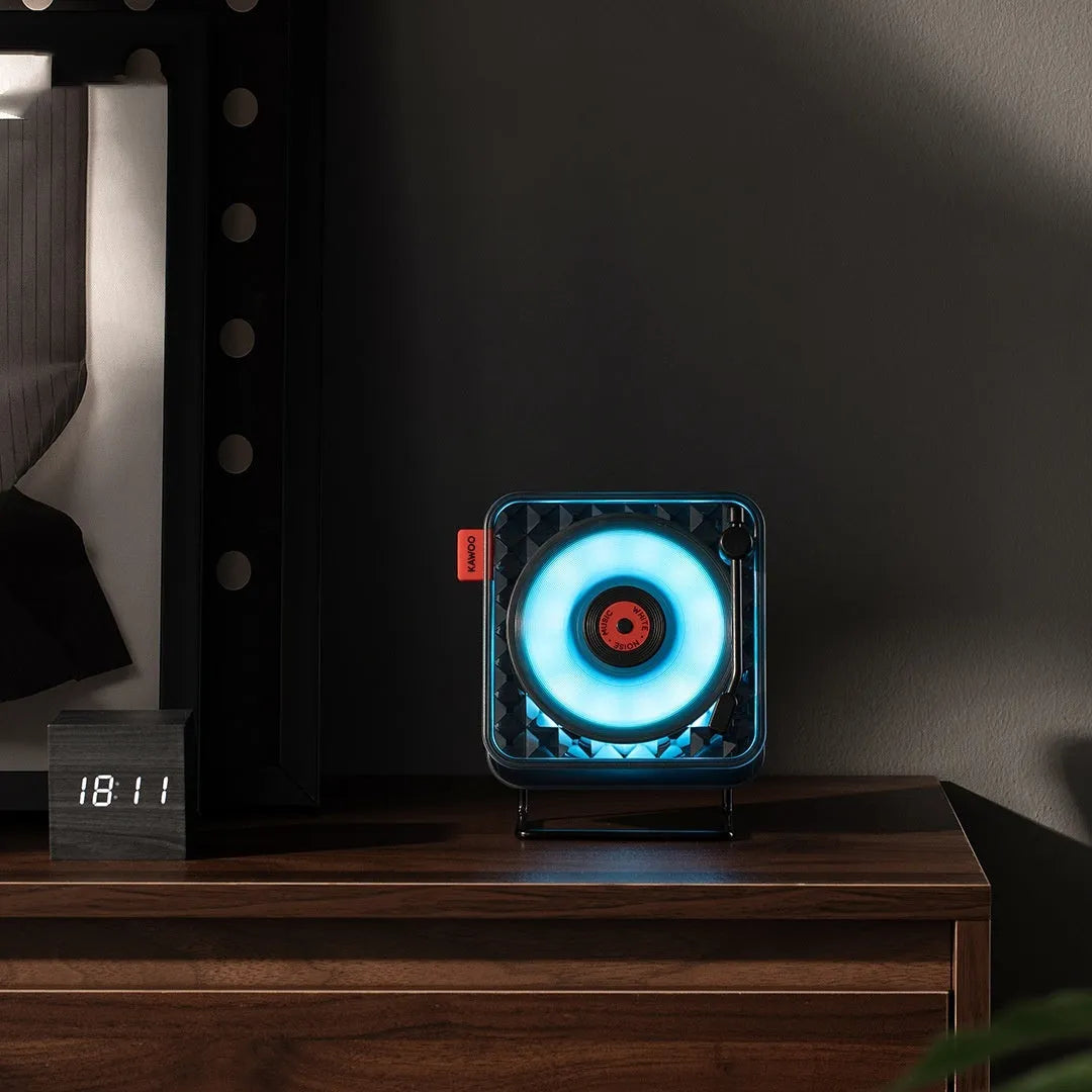 Wireless transparent Bluetooth audio speaker with ambience light, 1500mAh battery, Dark Night Black Moon colour, front view