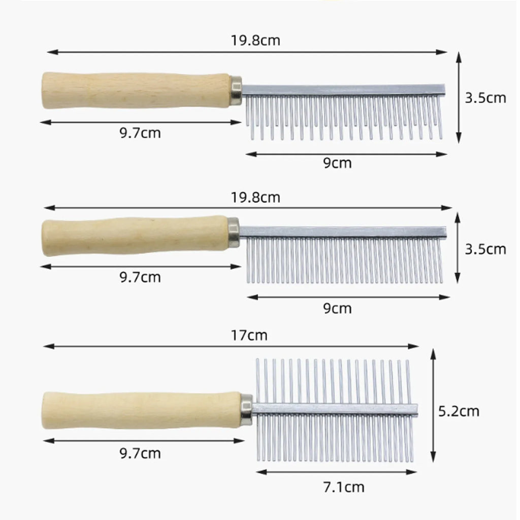 Wooden handle pet grooming comb for dogs and cats on a white background.