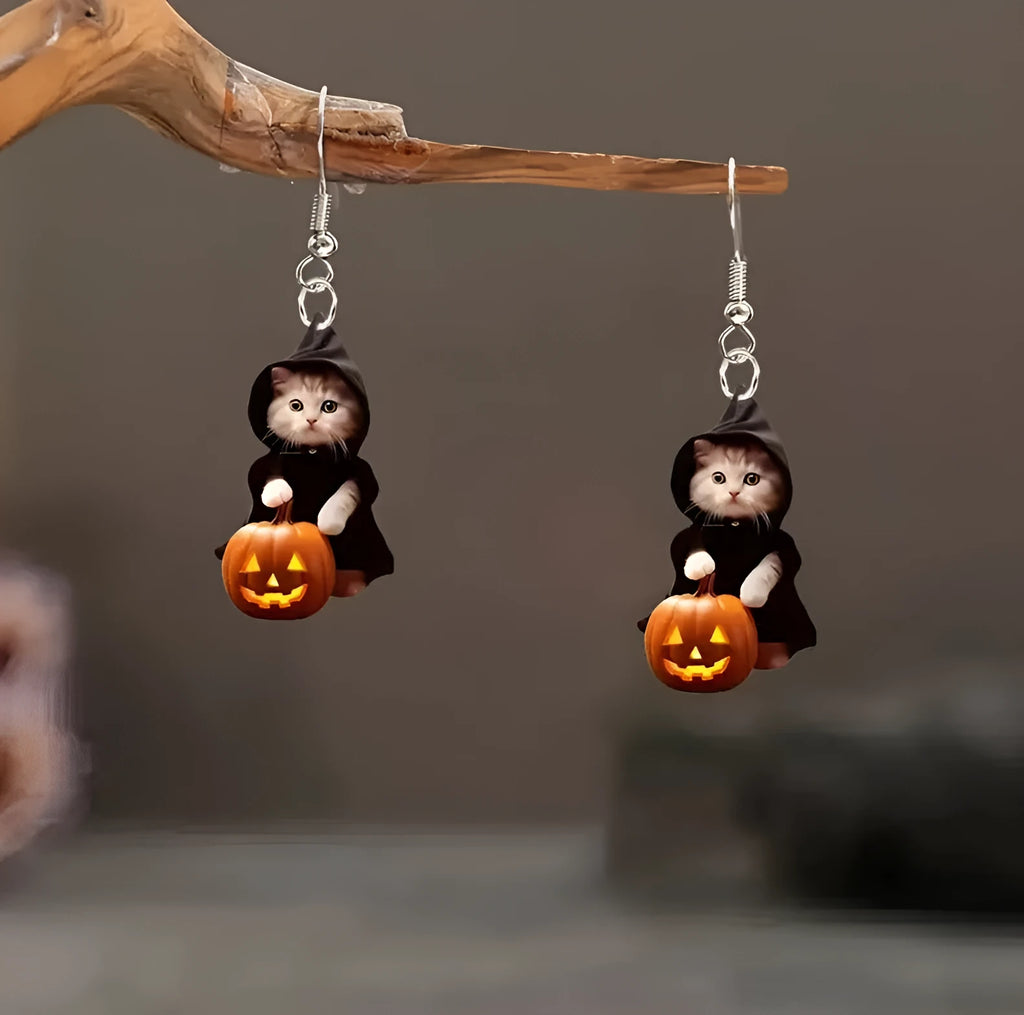 Handmade acrylic cat pumpkin earrings flat Christmas style for women