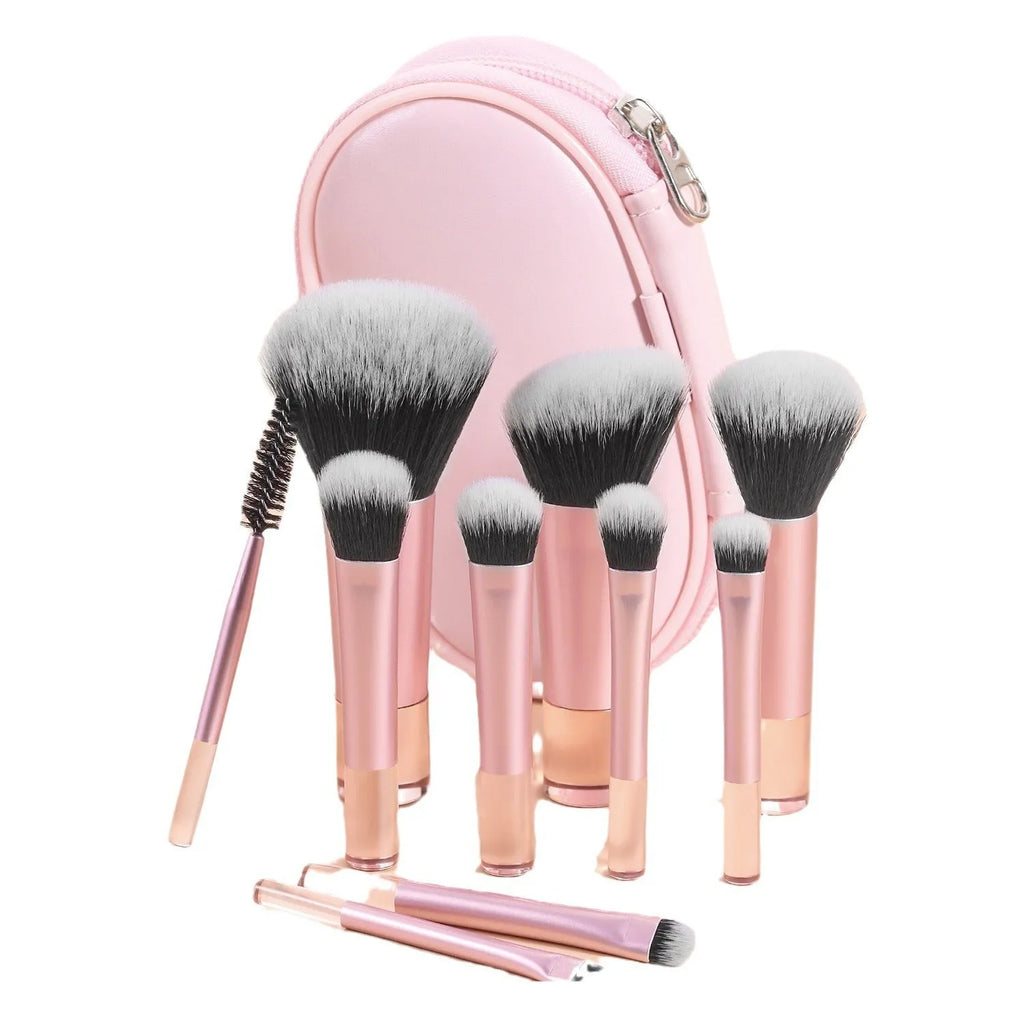 10-piece makeup brush set with crystal handles, aluminium tubes, and fibre bristles in a storage bag