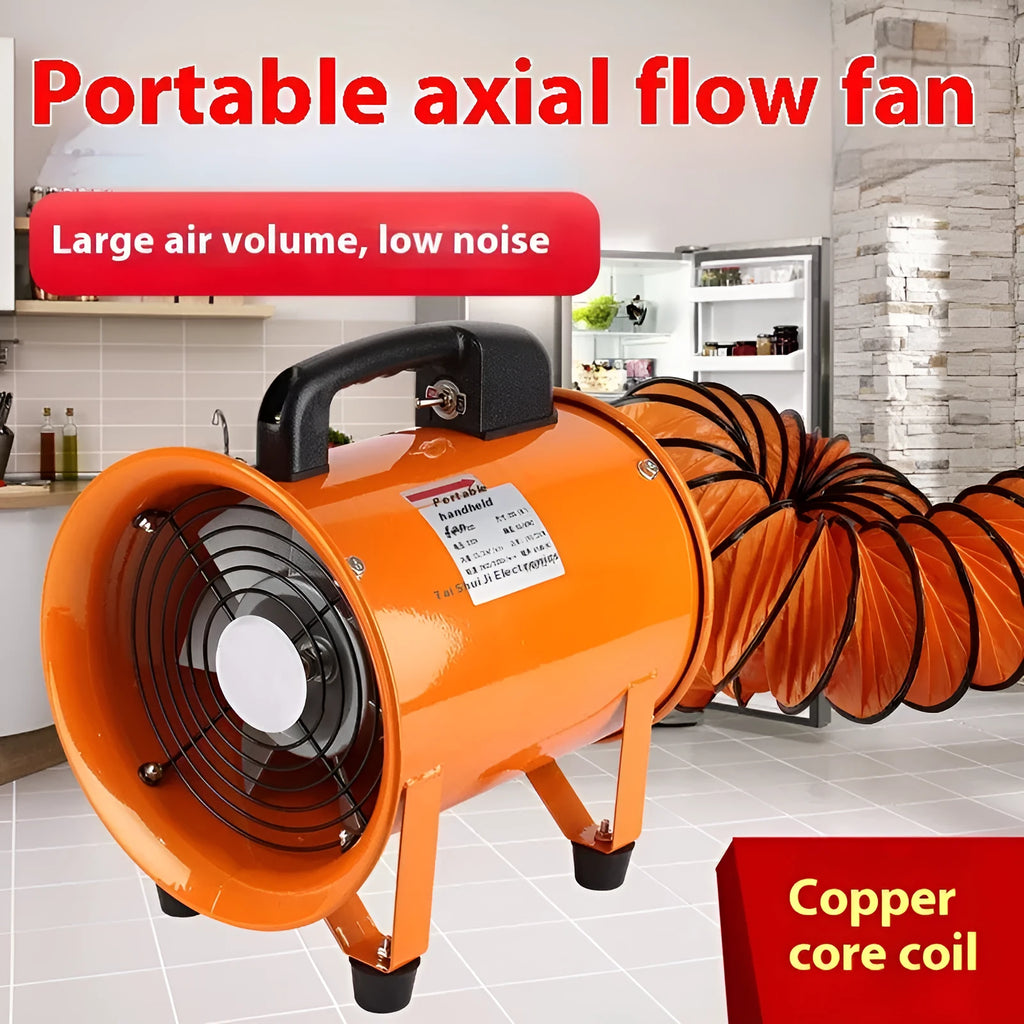 8-inch titanium steel axial flow fan with seven blades and a 5-metre flexible air duct for industrial ventilation.