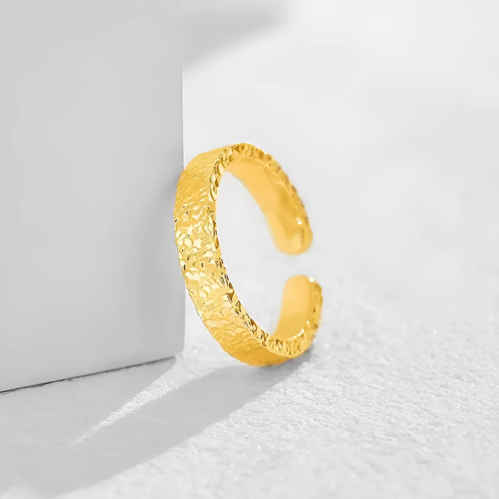 Vietnam placer gold open ring for women, adjustable, yellow gold finish, geometric starry sky pattern, on forefinger