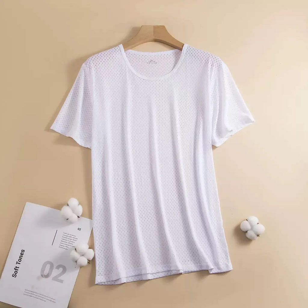 Men's loose fit ice silk short sleeve t-shirt in solid grey, showing crew neck and thin fabric texture.