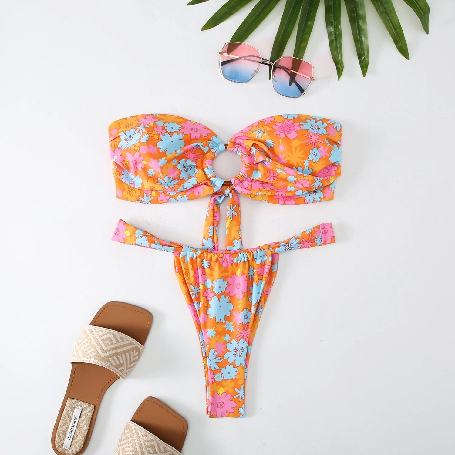 Women's floral printed tube top ring bikini swimsuit with backless briefs