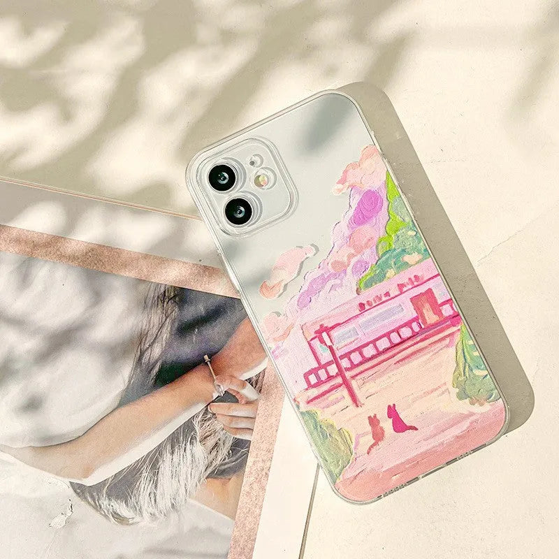 iPhone phone case with a colourful two-cats cartoon design on a white polycarbonate rear cover.