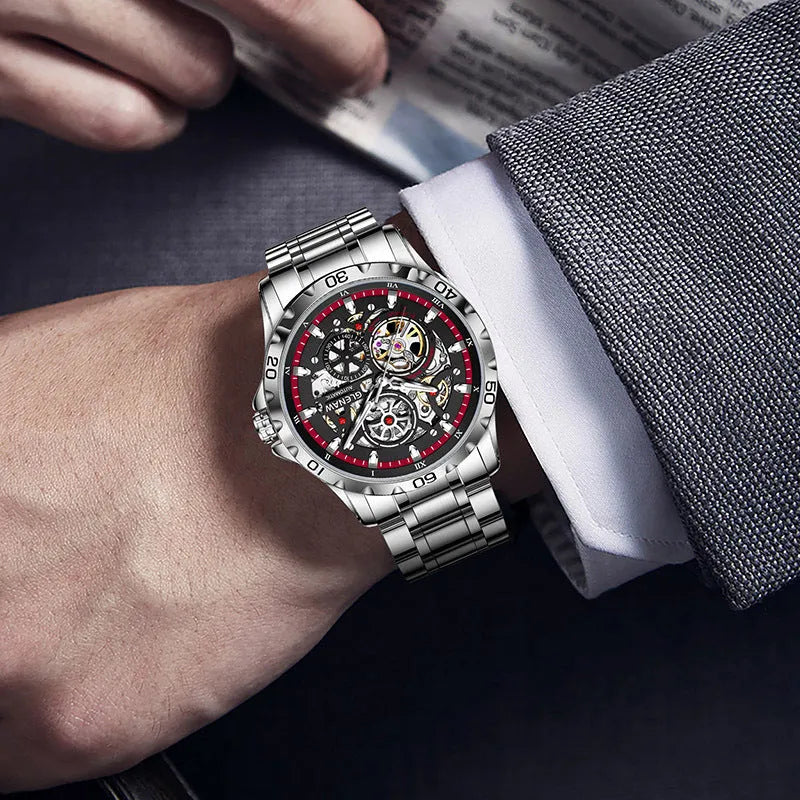 Men's automatic skeleton watch with luminous hands and stainless steel strap