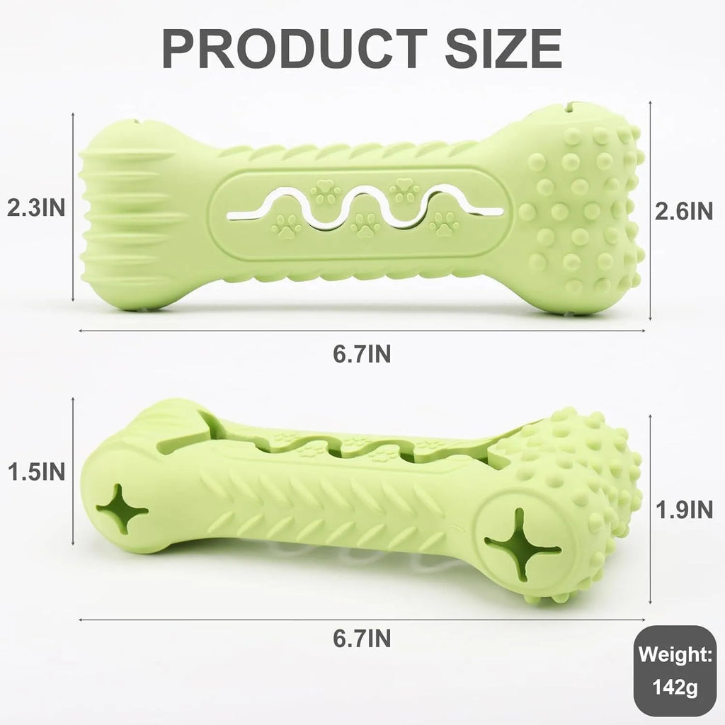 Blue, green, and orange bone-shaped natural rubber dog chew toy on a white background.