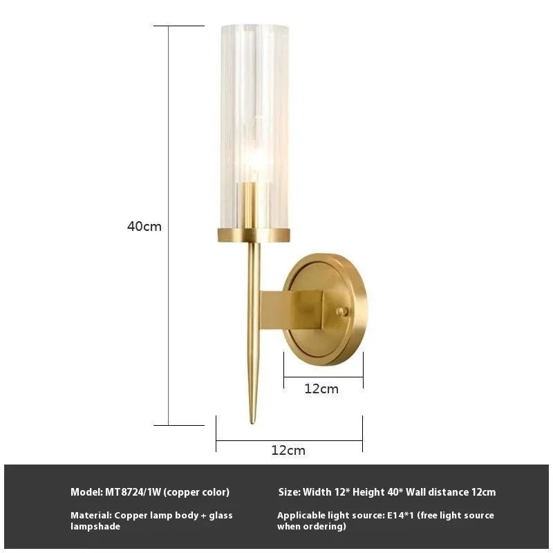 Post-modern glass wall lamp with copper metal body and glass shade