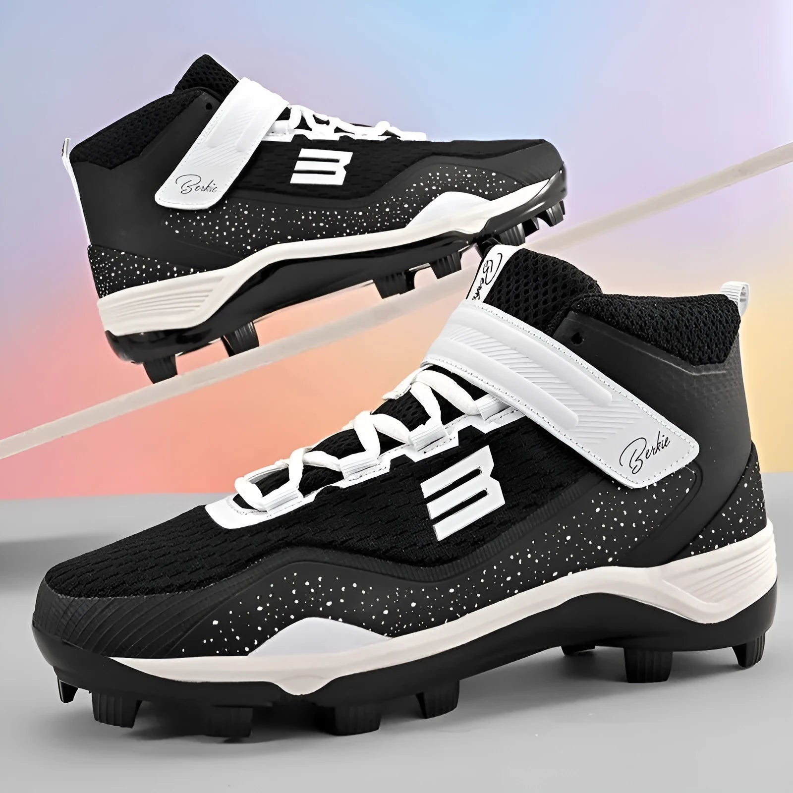 Black and white unisex adult baseball training sneakers with Velcro strap and wear-resistant rubber sole.