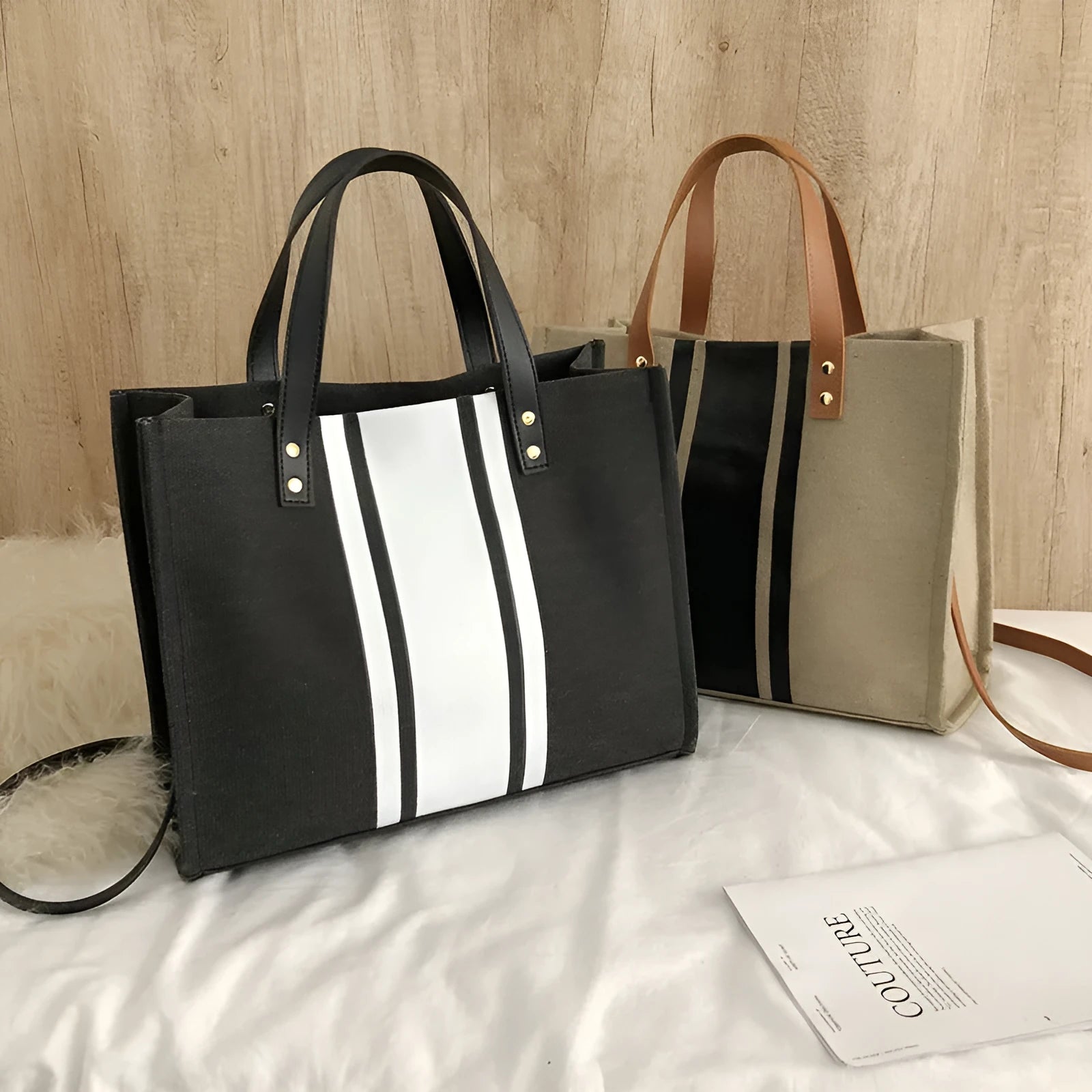 Canvas stripe tote bag in black and white with zipper closure, horizontal square shape, and 120cm shoulder strap