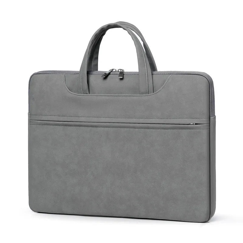 PU leather laptop case in light gray, one shoulder, with zipper closure and soft handle, 13 to 15 inch size options