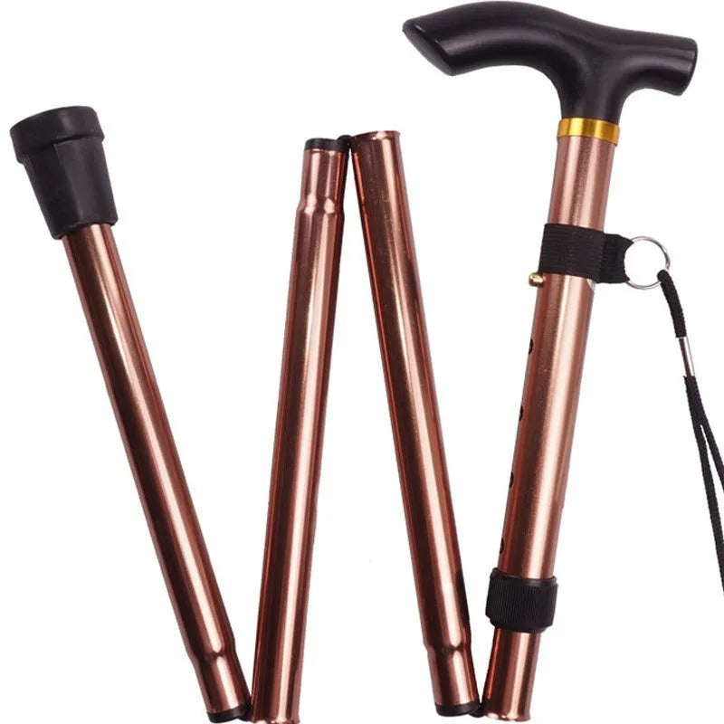 Aluminium alloy folding walking stick adjusted to mid-height, showing non-slip handle.