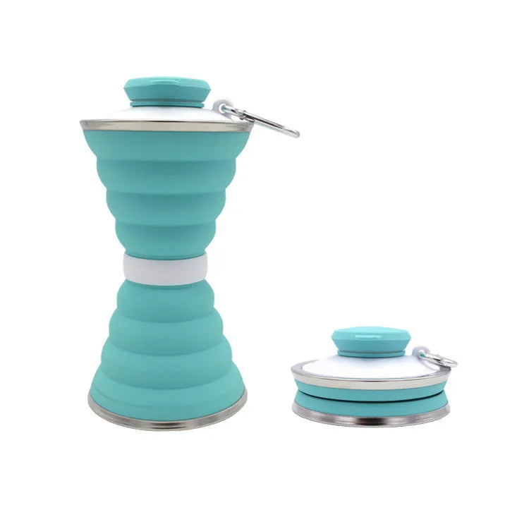500ml silicone collapsible water bottle cup shown both expanded and folded with stainless steel rim