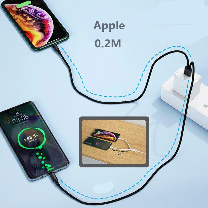 Black and red braided two-in-one fast charging cable with Micro USB and Type-C connectors on a white background.