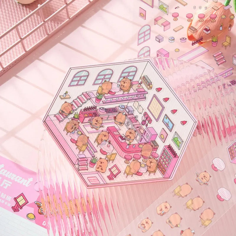 Pack of cut-free cartoon landscaping stickers showing bakery, bookstore, and flower shop scenes on a 190x125mm sheet.