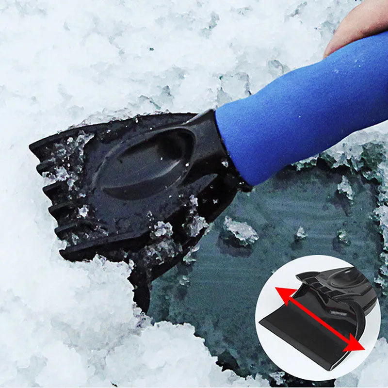 Car windshield snow scraper mitten in black with toothed and shovel edges, fleece lining, and foam handle