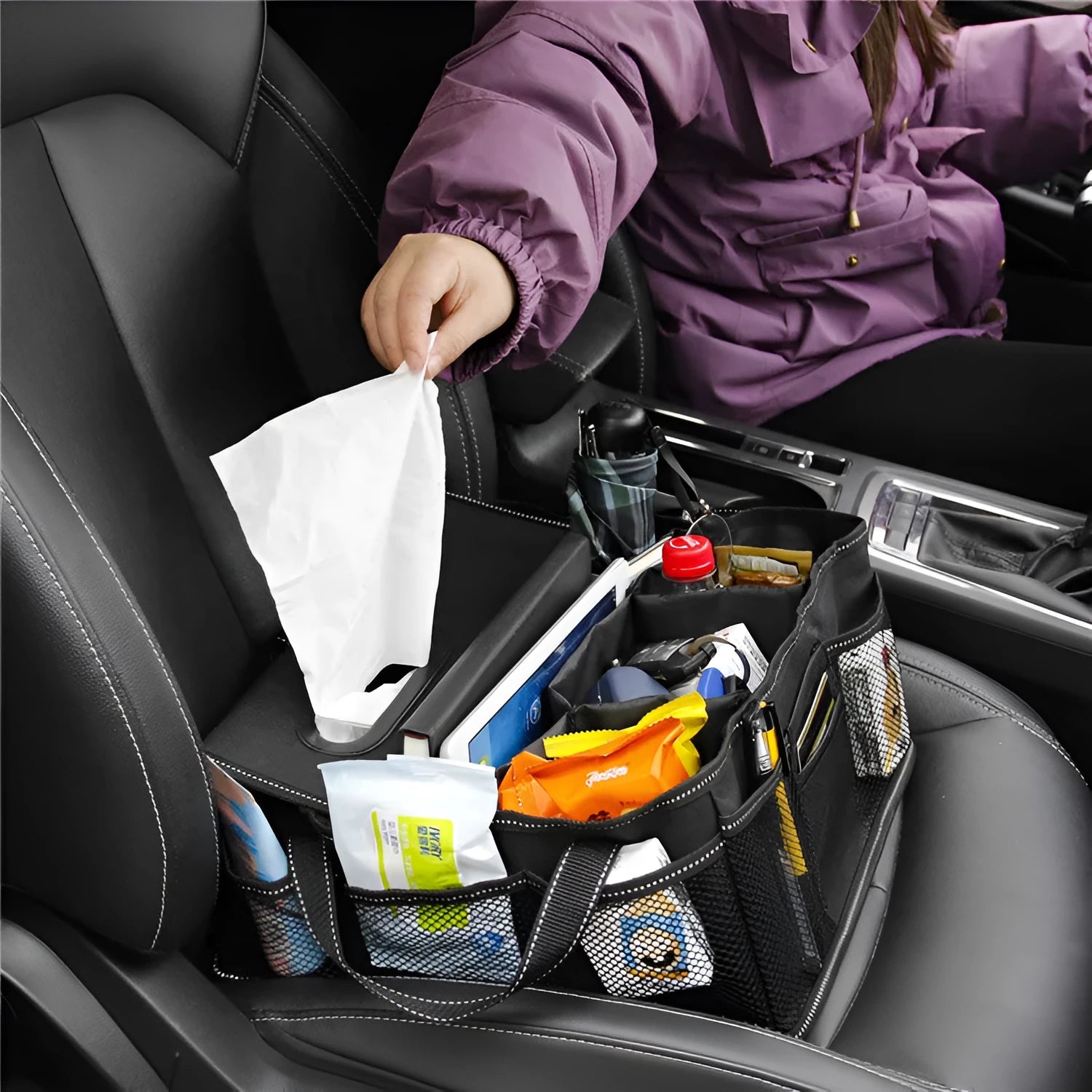 Black Oxford cloth car trunk storage box with reinforced handles and 33x33x16cm dimensions