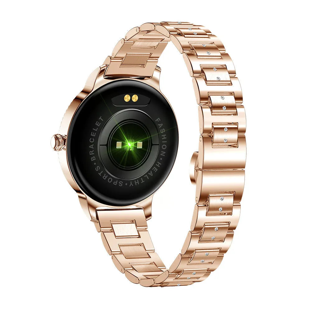 AK38 ladies smart watch with stainless steel Milanese bracelet and 1.09-inch colour screen displayed.