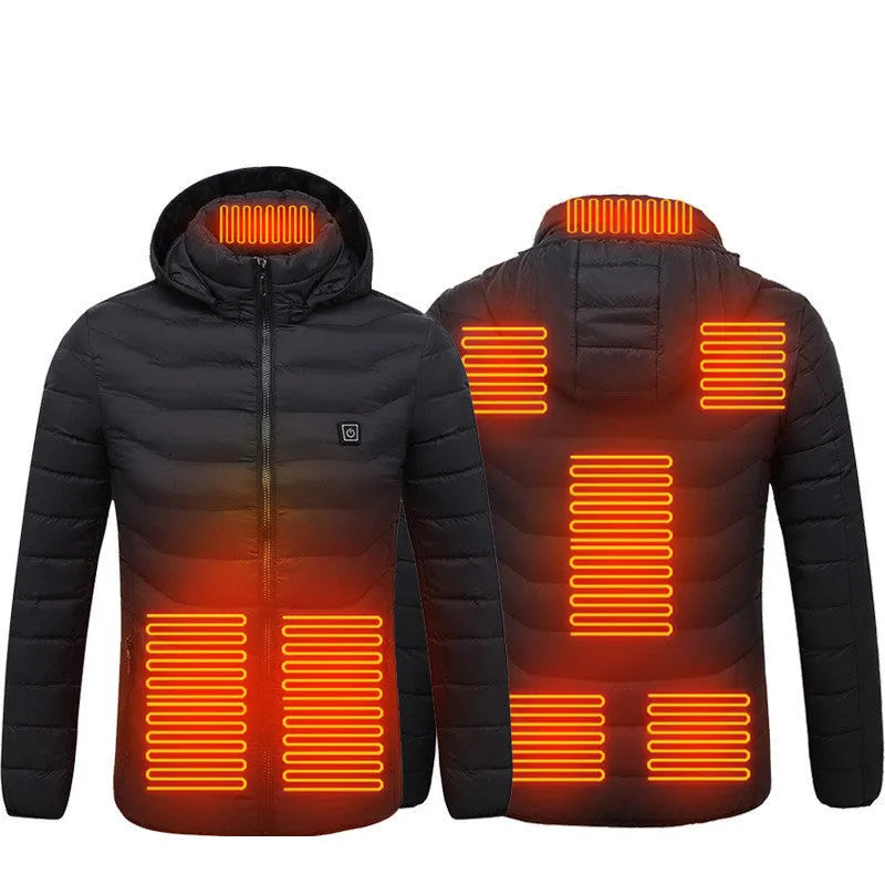 Men's heated puffer jacket in black with hood, electric heating for skiing, side view