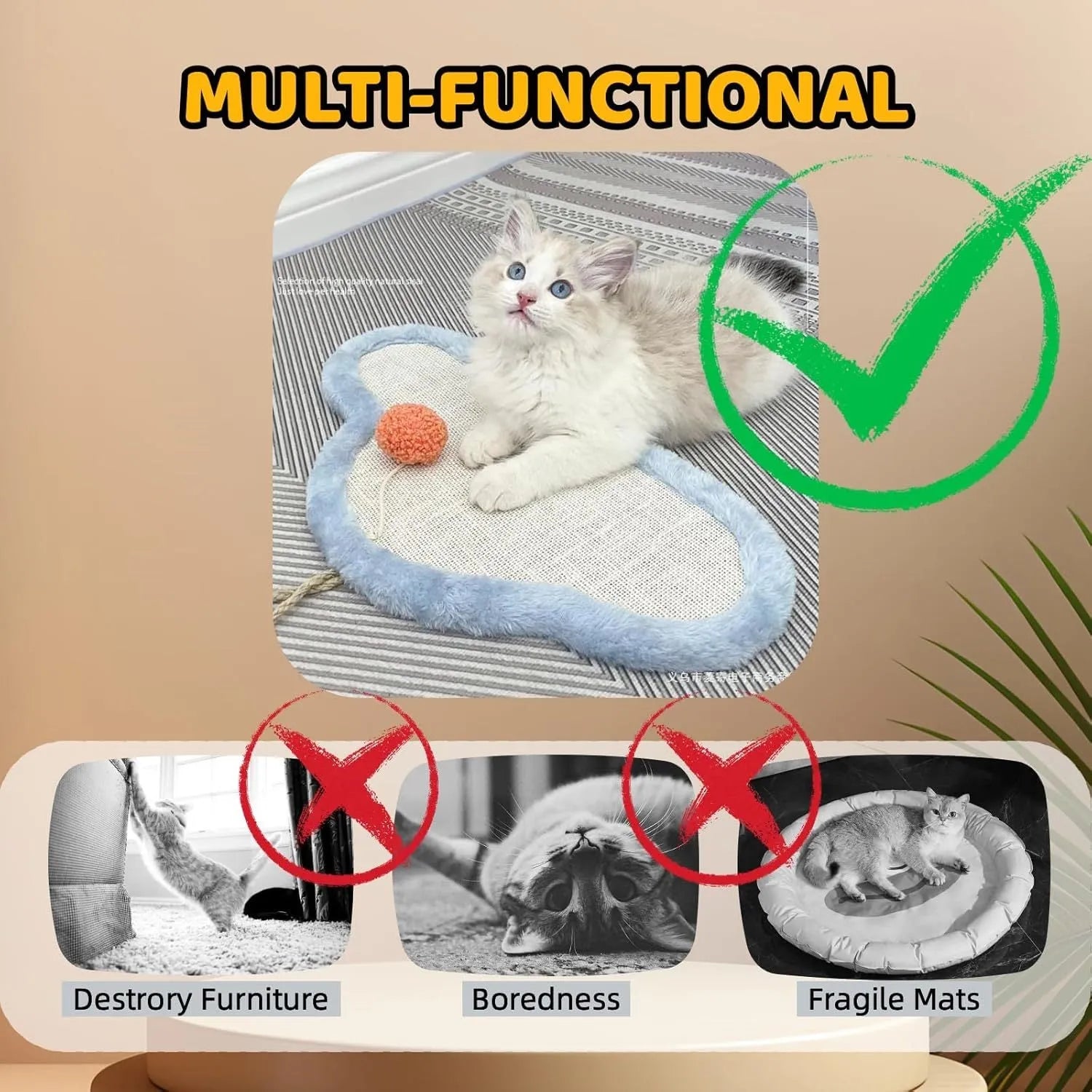 White wall-mounted cat scratching mat with cartoon sleeping cat design made from natural sisal fibre