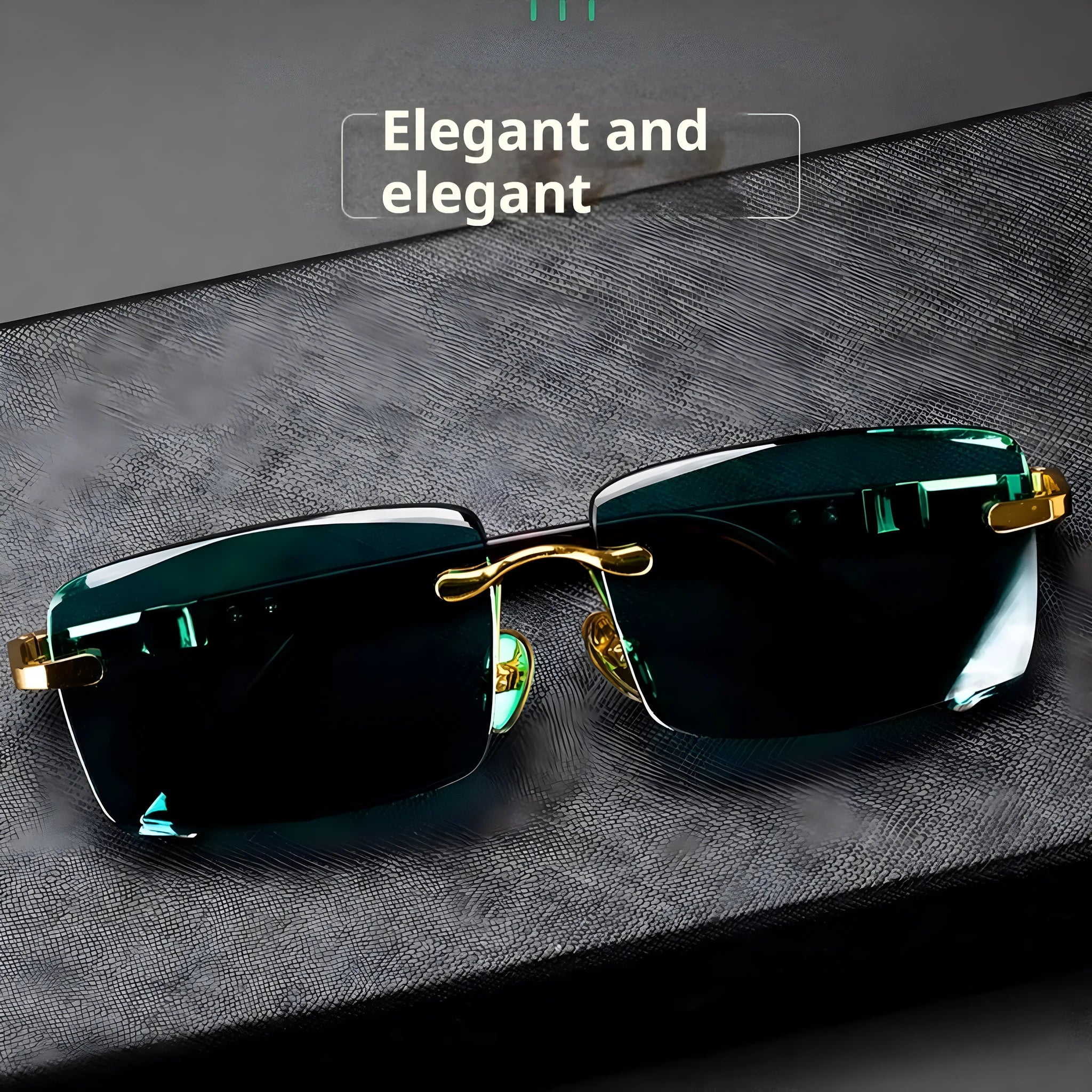 Dark green tinted frameless sunglasses with crystal lenses, shown with a hard protective case and cleaning cloth.
