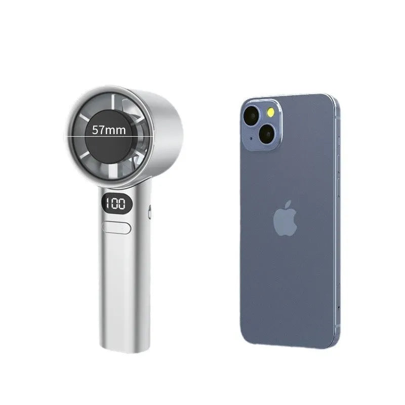 A handheld personal fan showing one of four colour options: Green, Khaki, Silver, or White, with a six-blade design.