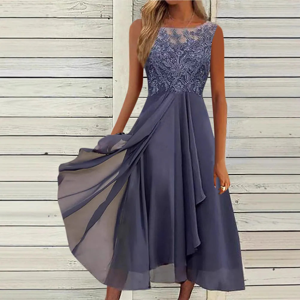 Women's sleeveless green chiffon dress with white stitching lace and hollow-out detail, mid-length skirt.