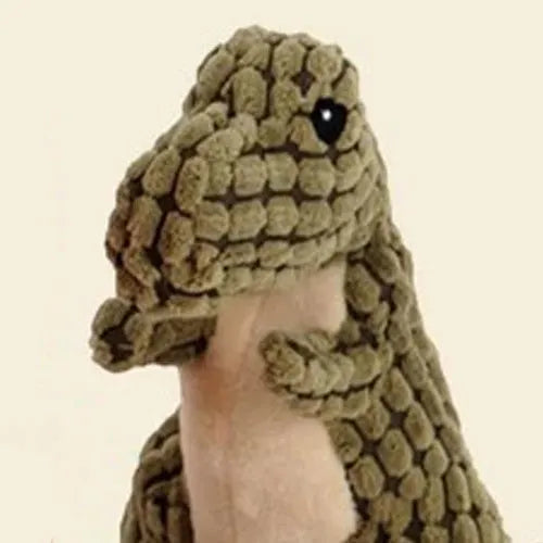 Grey, green, and orange squeaker dog chew toy with rope centre for large breeds.