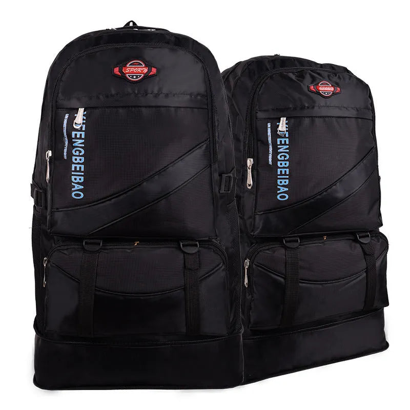 Men's simple outdoor sports backpack in black, 56-75L nylon, breathable and waterproof, with folding design