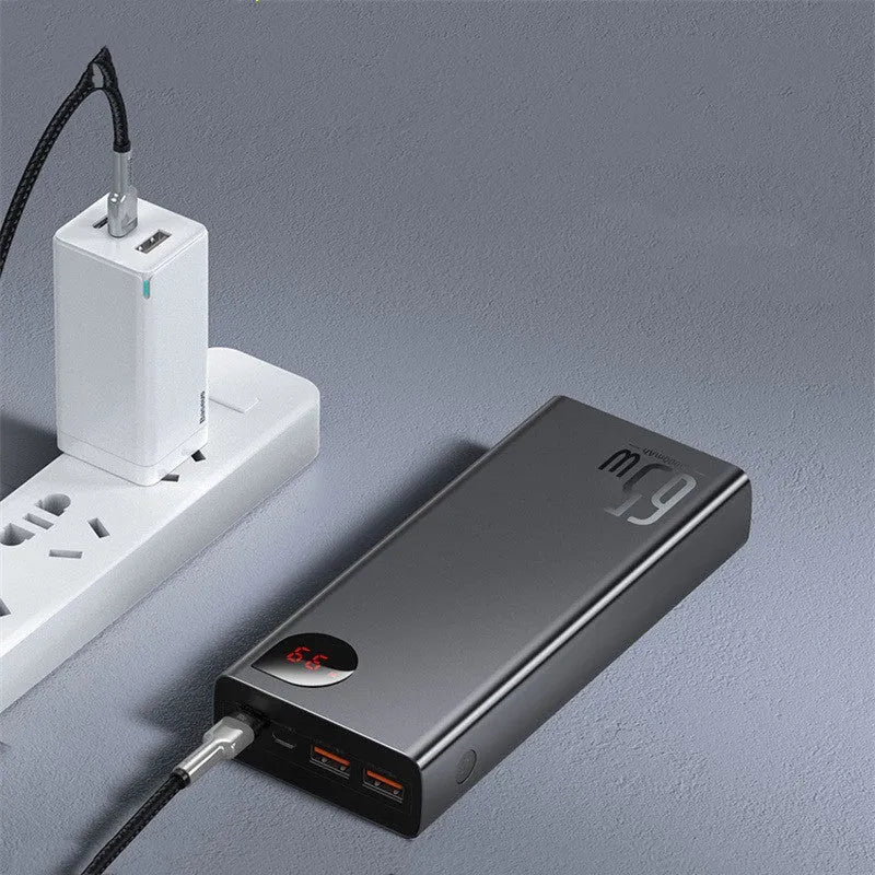 65W 20000mAh digital display power bank with LCD screen, plastic shell, black colour, front view