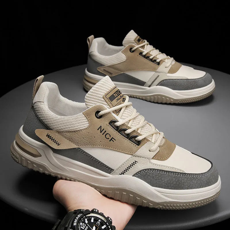 Men's casual waterproof non-slip labour protection shoes with PU upper, lace-up closure, and rubber thick sole in beige colour