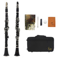 Black Bakelite body beginner clarinet with nickel-plated keys next to its included carry bag.