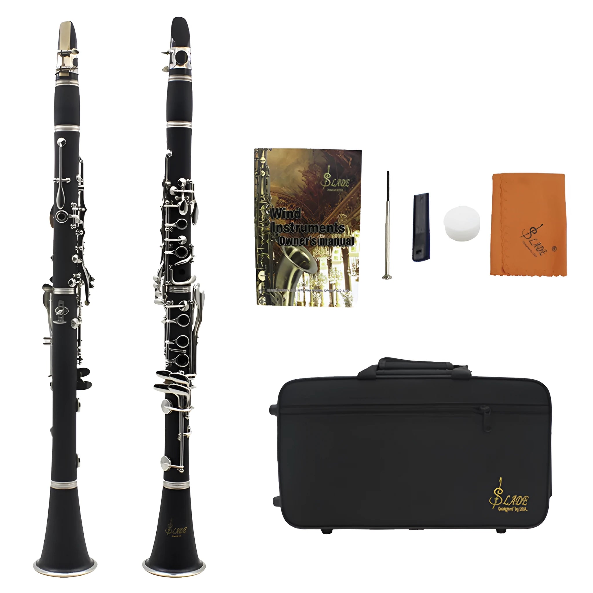 Black Bakelite body beginner clarinet with nickel-plated keys next to its included carry bag.