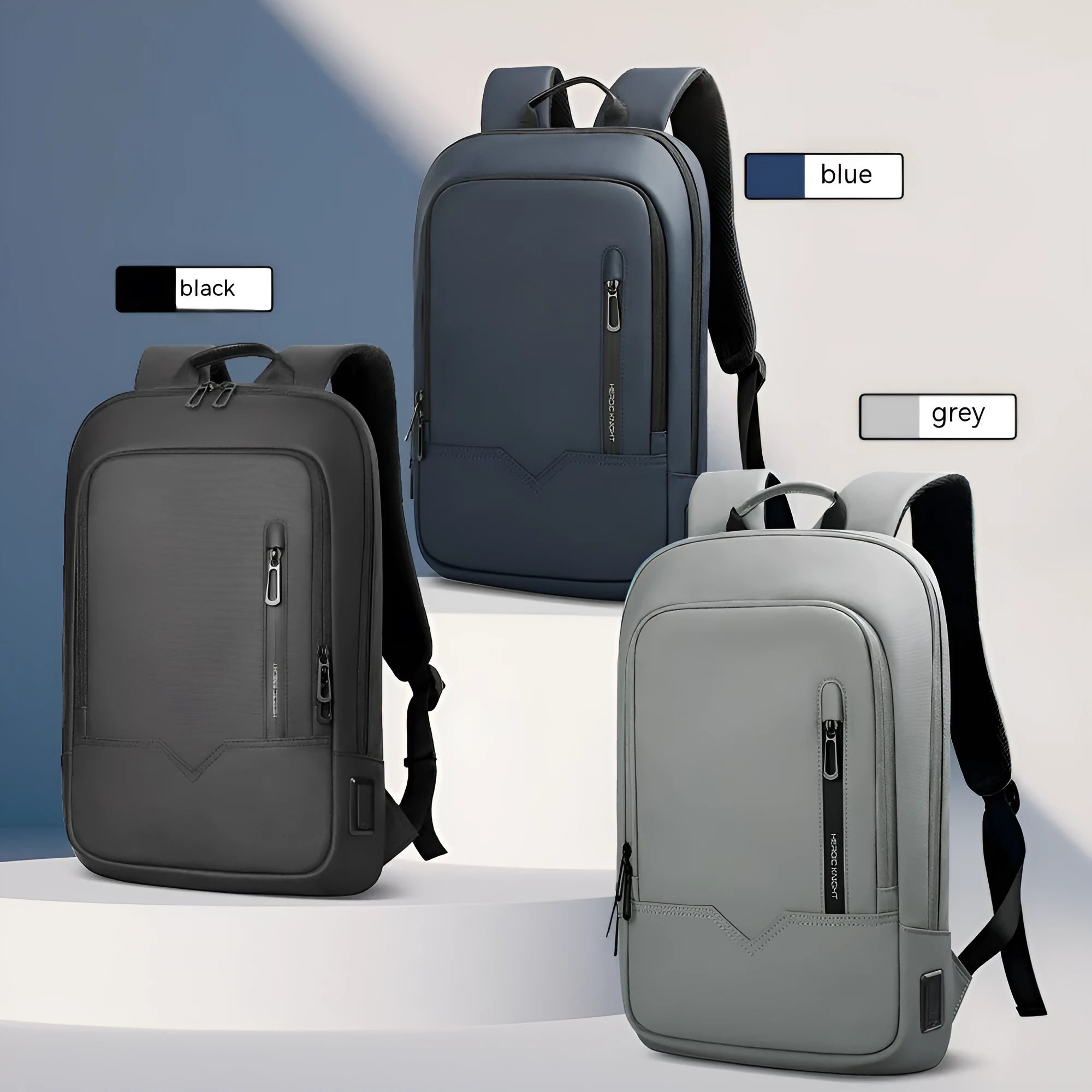Gray business lightweight multifunctional backpack with USB port for men, Oxford cloth, solid colour