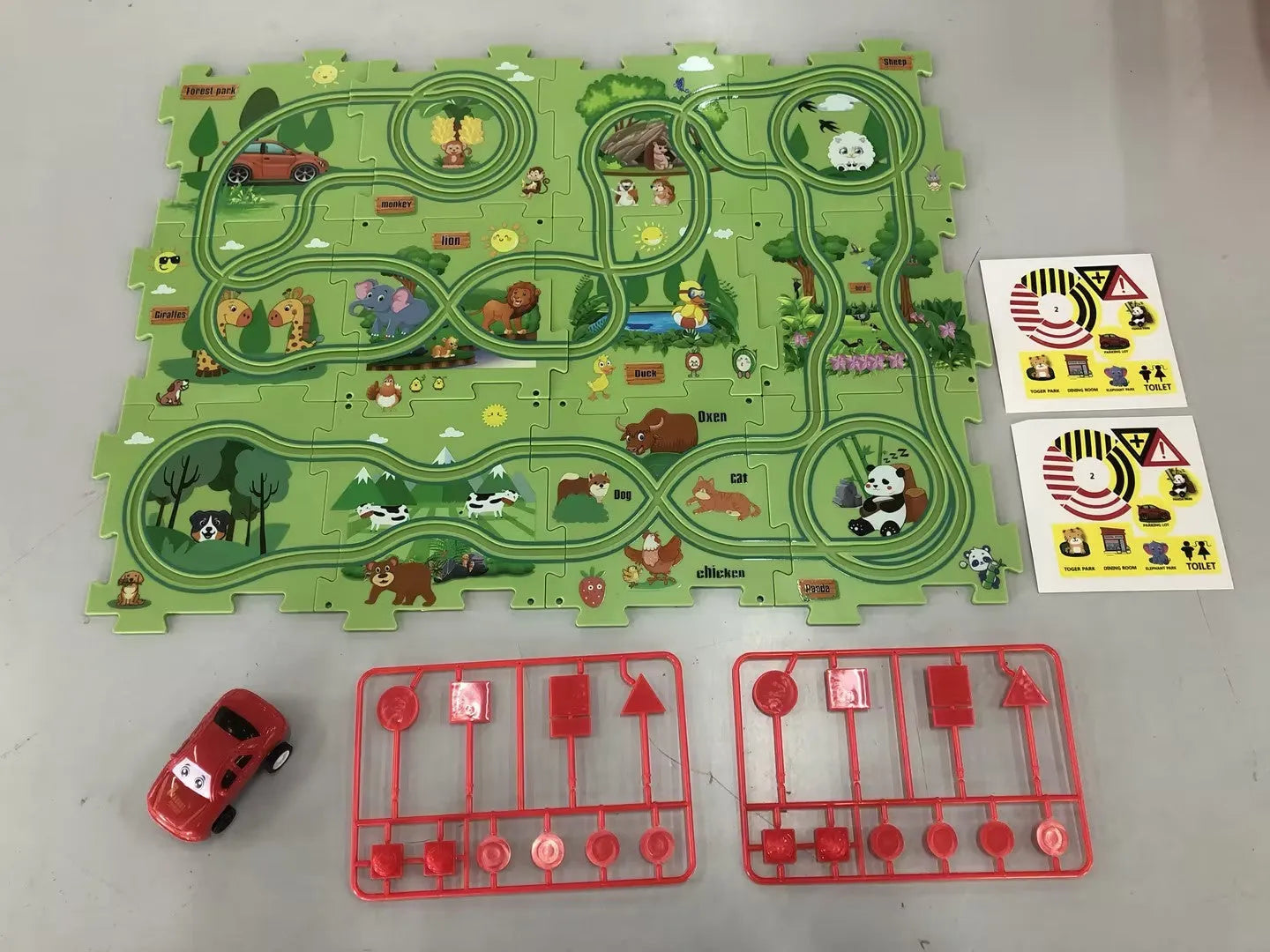 Children puzzle electric railroad speeder DIY assembly track set with automatic car and plastic pieces in multiple themes